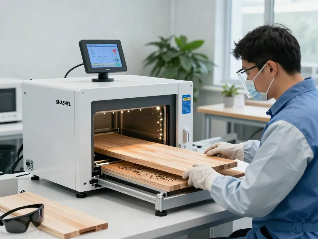 SHASHEL® microwave device in action for wood-boring insect elimination in a modern workshop.