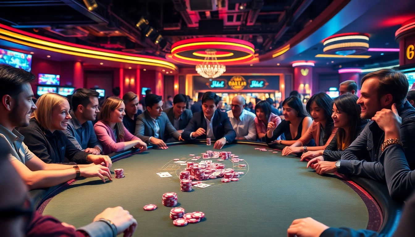 Permainan poker di kasino dengan semangat pemain, 88SLOTDEWA dan suasana yang mendebarkan.