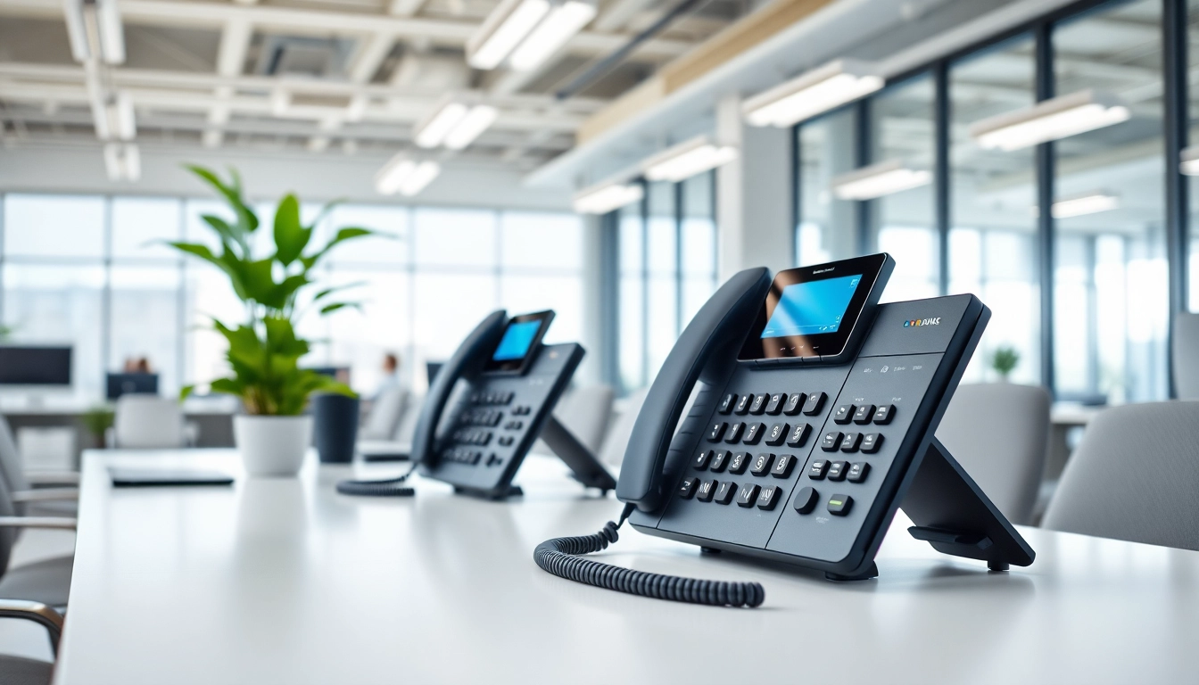 Showcase innovative business telephone systems in a modern office setting.