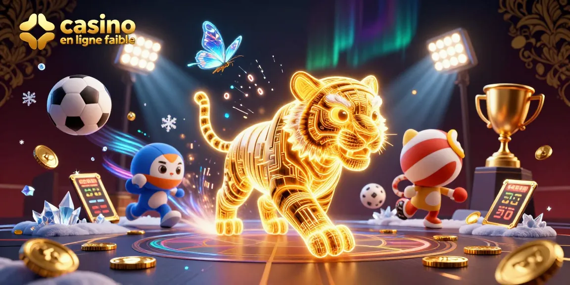 Découvrez le casino en ligne fiable avec un tigre doré et des éléments de jeu en mouvement.