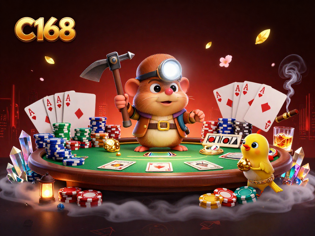 C168 showcases a treasure hunter mole in a vibrant casino scene, exploring golden treasures.