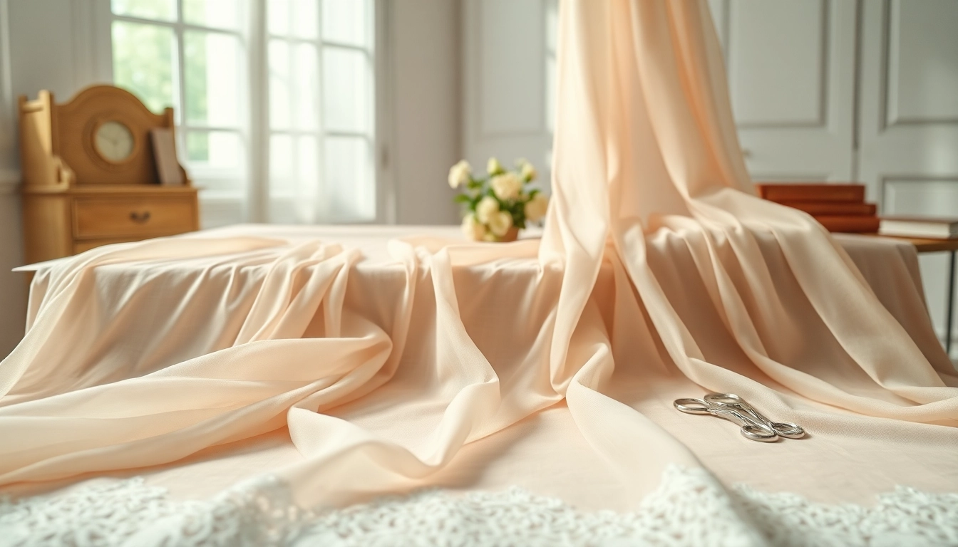 Chiffon stof met elegante draperie over een tafel, verlicht door natuurlijk licht.
