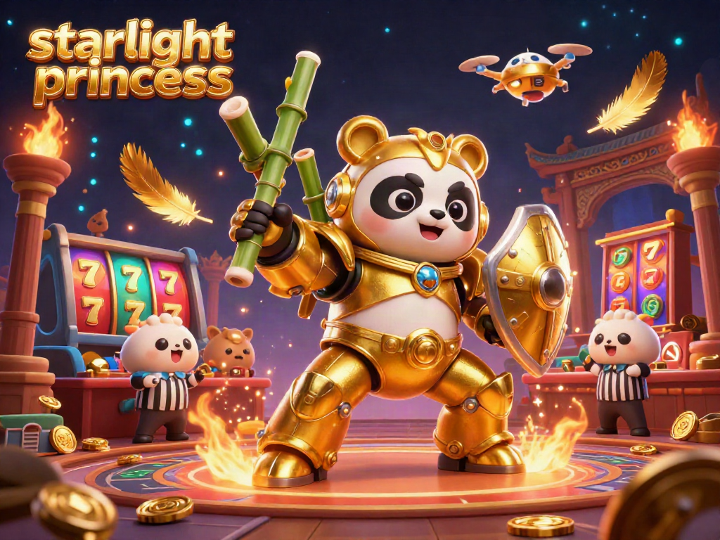 Play the Starlight Princess slot game in a vibrant 3D casino arena with golden panda and betting action.