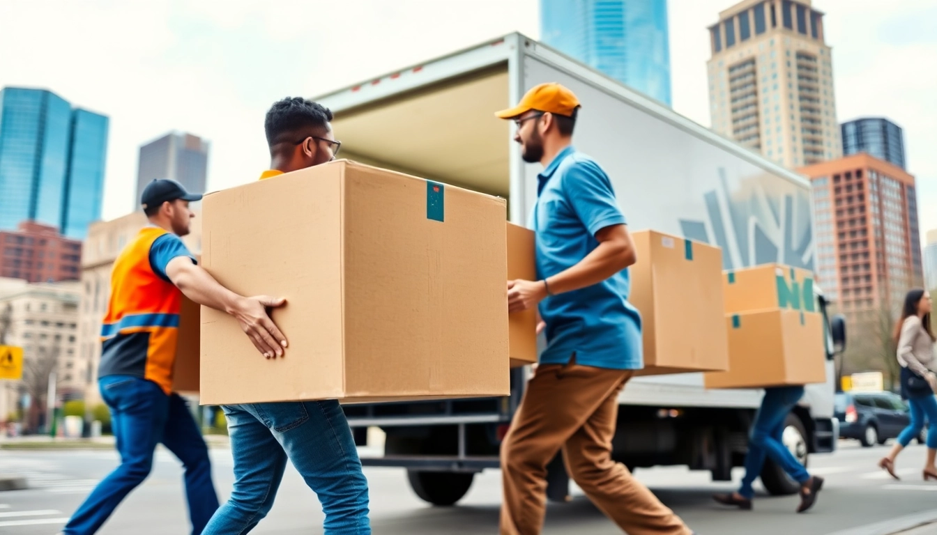 Movers in Detroit efficiently loading a truck against a bustling city skyline.