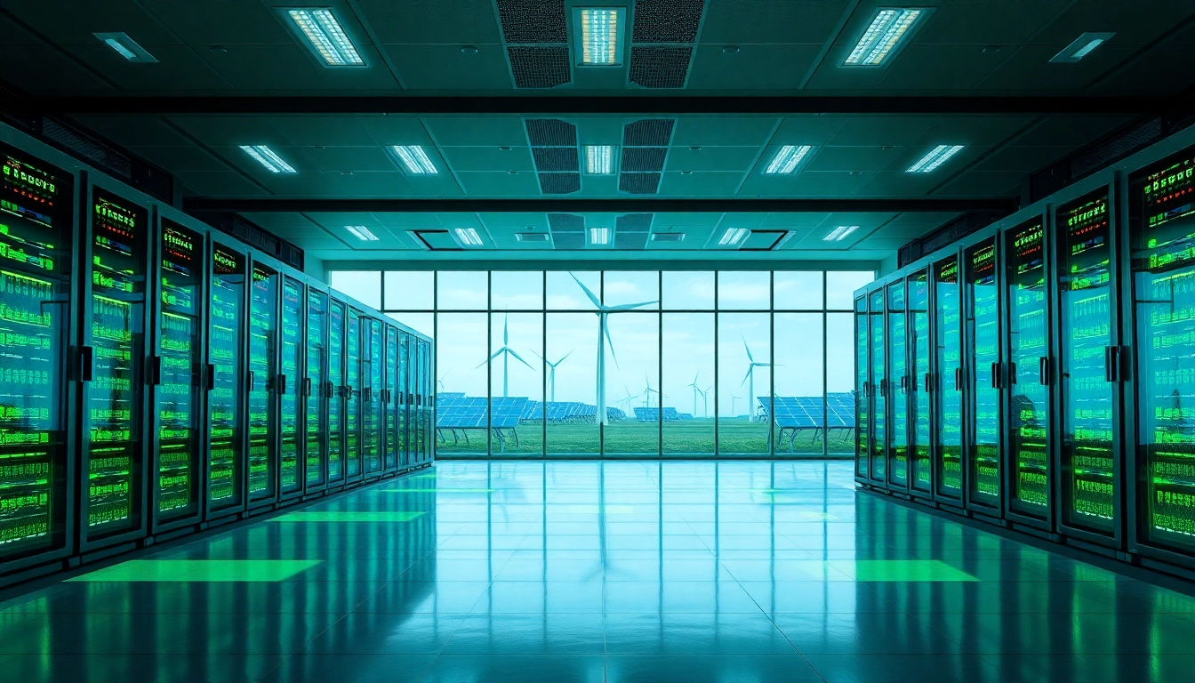 Free crypto mining at a modern renewable energy-powered cloud mining facility, showcasing advanced technology and sustainability.