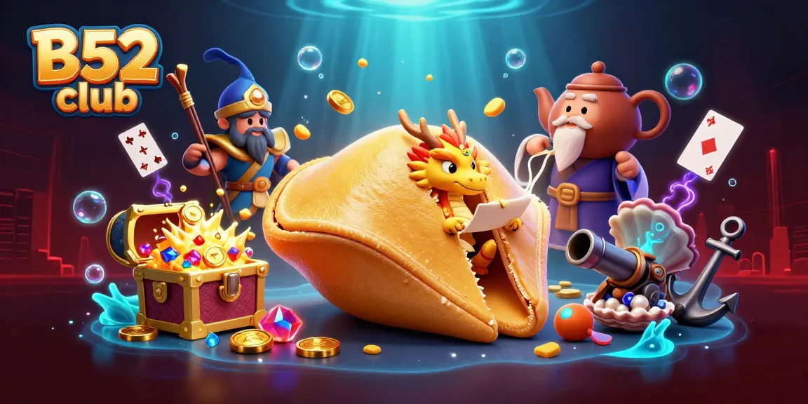 B52 club's vibrant casino-themed illustration featuring a golden fortune cookie, wise dragon, and treasure elements