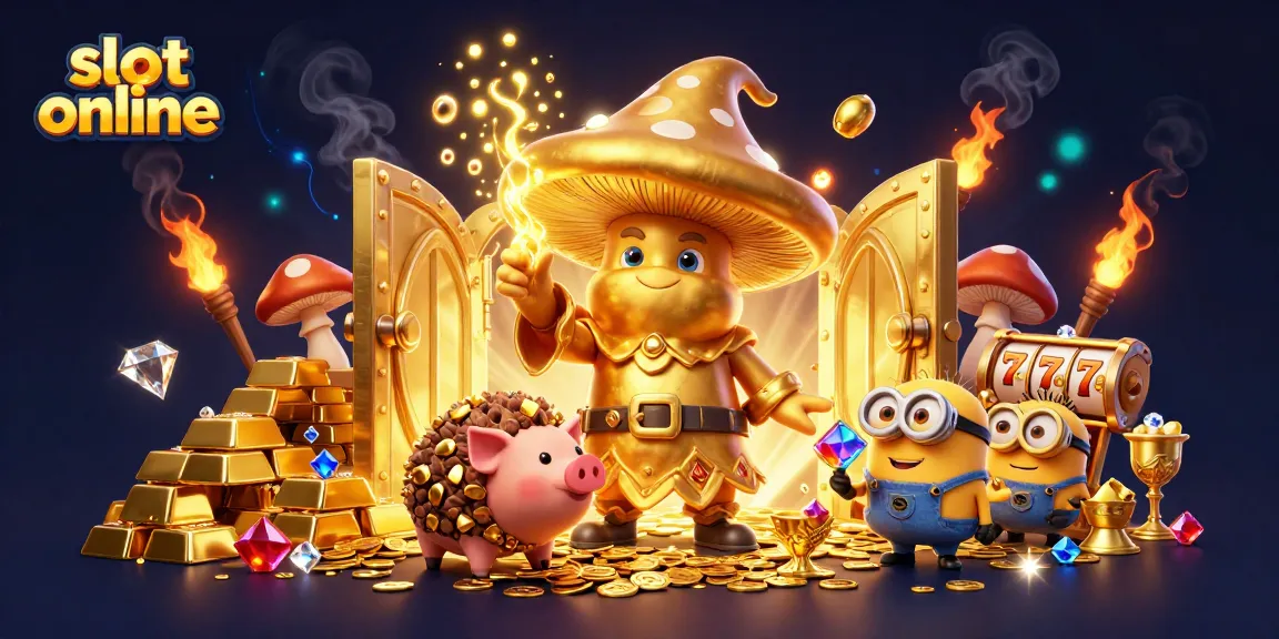 Engage with stunning slot online artwork featuring a golden wizard and treasure elements.