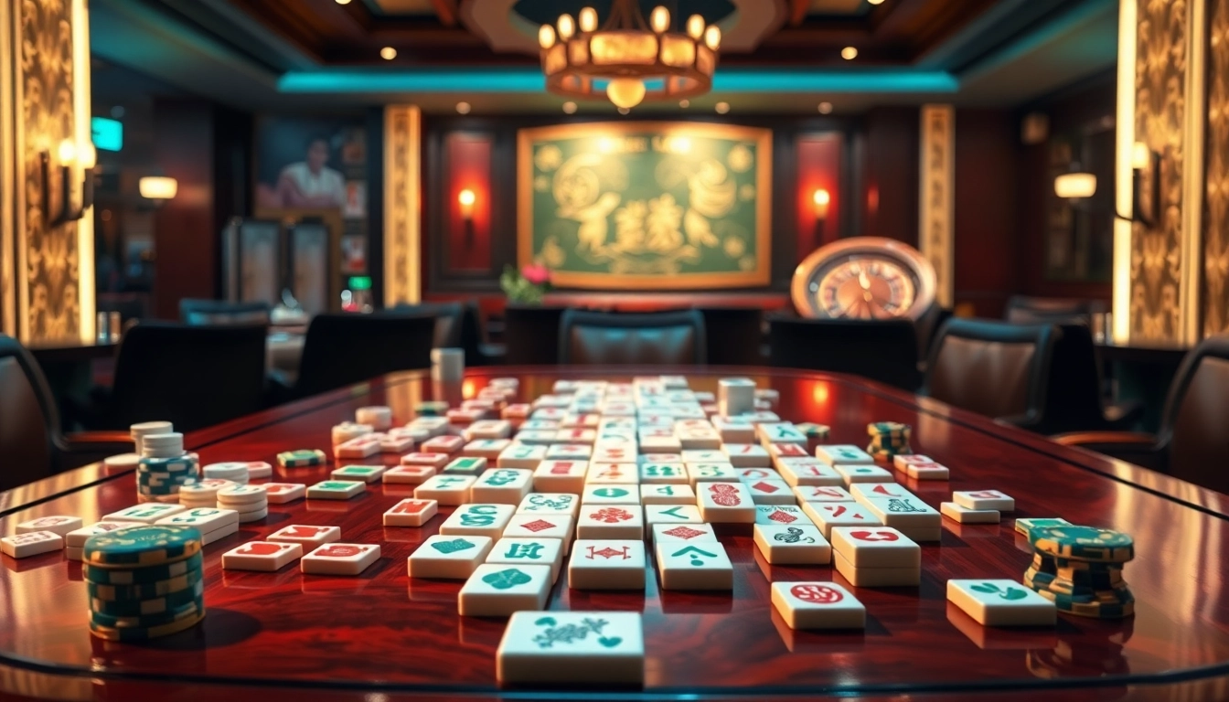 Permainan Link Mahjong yang menarik ditampilkan di atas meja kasino yang elegan.