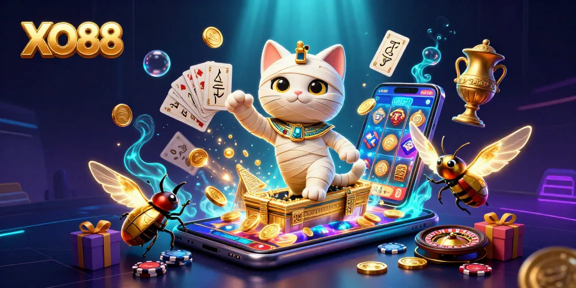 Experience thrilling gaming with XO88: a cartoon mummy cat and scarab beetle in a vibrant casino scene.