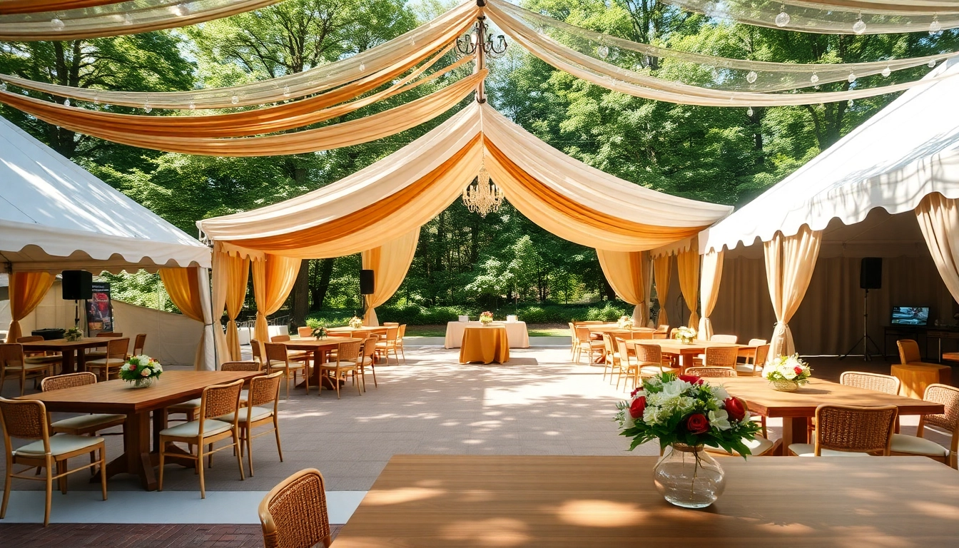 Set up for Event Rentals showcasing elegant tents, tables, and decorations in natural outdoor lighting.