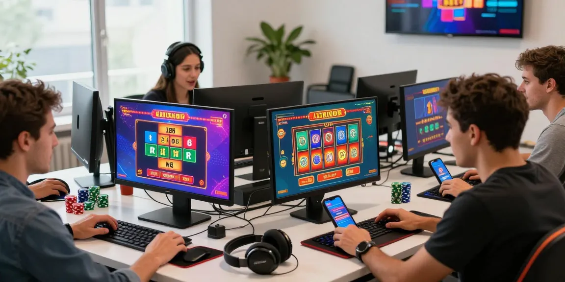 Joueurs plongés dans l'excitation des casinos en ligne légaux en France chez eux, s'engageant avec des jeux vibrants sur des écrans et une décoration colorée.