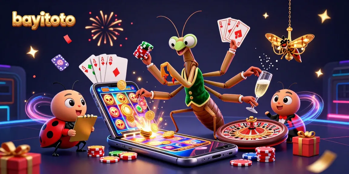 Experience thrilling gaming at bayitoto with a giant mantis and ladybug pit boss in a lively casino scene.
