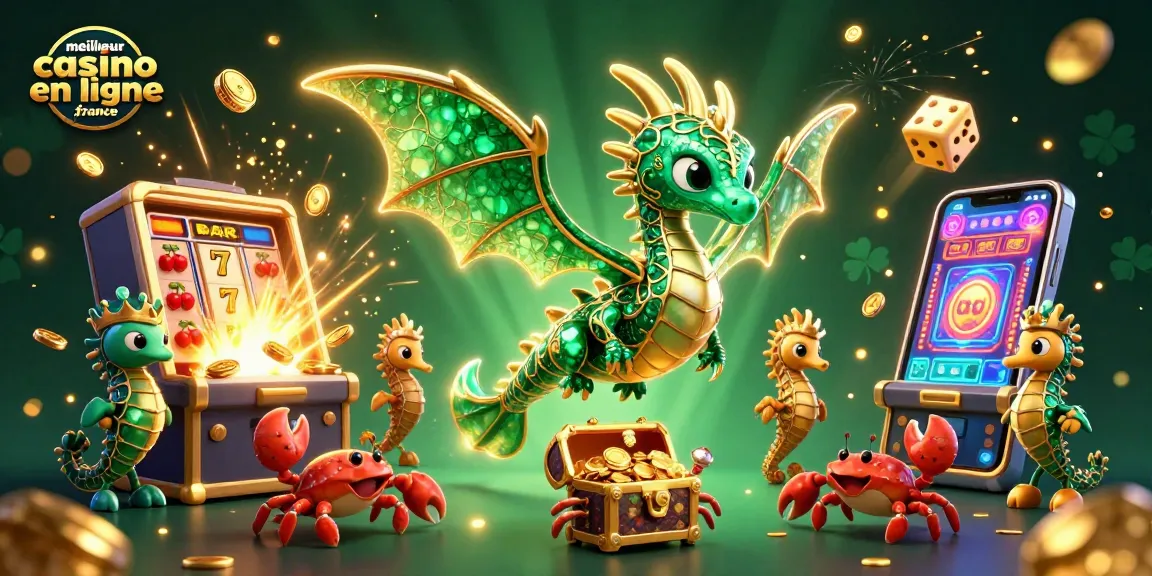 Illustration dynamique du meilleur casino en ligne France avec dragon et trésor.
