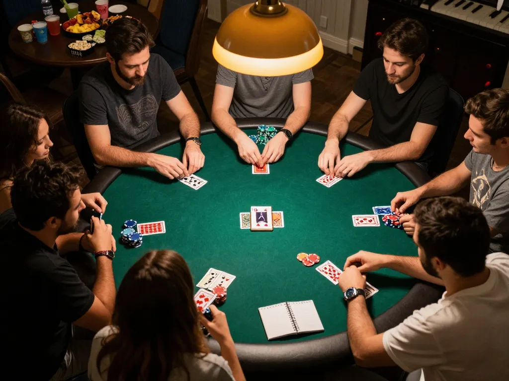 JPTOTO players enjoying a friendly poker night at home, showcasing strategic gameplay and social interaction