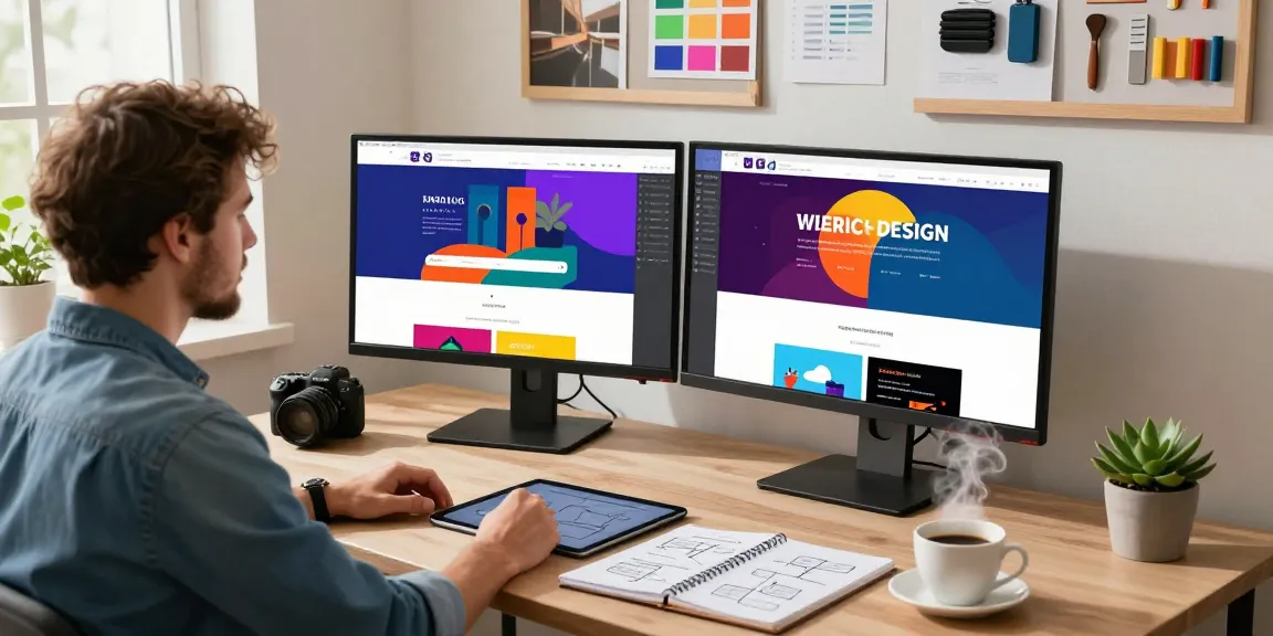 UX/UI designer at dianneprice.com workspace creating interactive website designs with vibrant mockups.