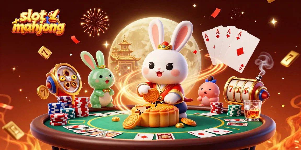 Experience the excitement of slot mahjong with a vibrant scene featuring traditional characters, poker elements, and captivating visuals.