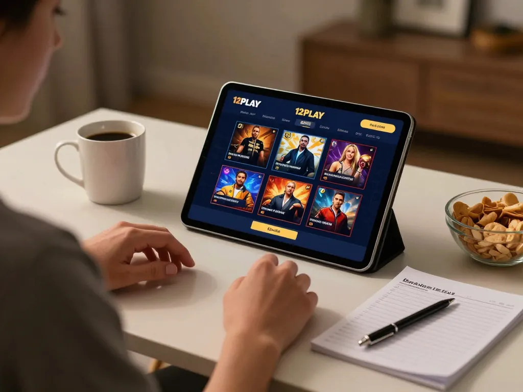 Person enjoying online gaming on 12PLAY tablet with a cozy setup, emphasizing strategy and comfort