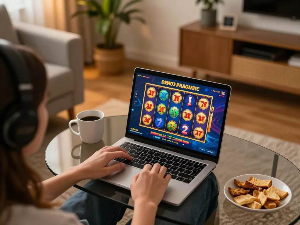 Engaging home scene of a player enjoying a Demo Slot Pragmatic game on a laptop, cozy atmosphere with snacks and drinks