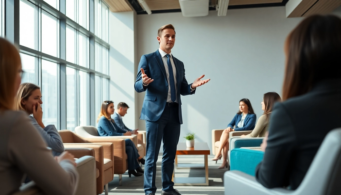 Showcasing Executive Presence, a confident leader engaging an attentive audience in a bright conference setting.