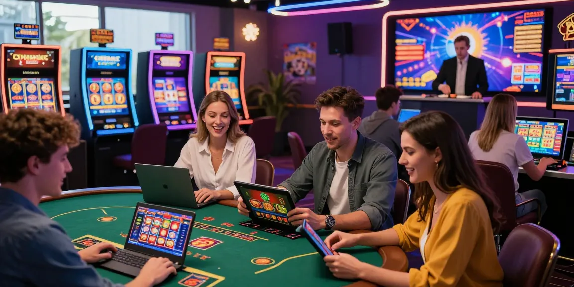 Online casinos that accept credit cards feature players enjoying diverse games, neon lights, and excitement.