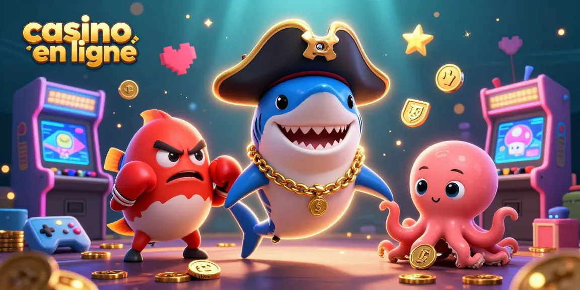 Participez à des expériences de casino en ligne palpitantes avec un requin pirate, un poisson-globe et un bébé pieuvre dans un cadre 3D vibrant.