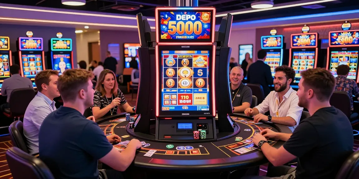 Players enjoying the slot depo 5000 experience in a vibrant casino, showcasing excitement and community.