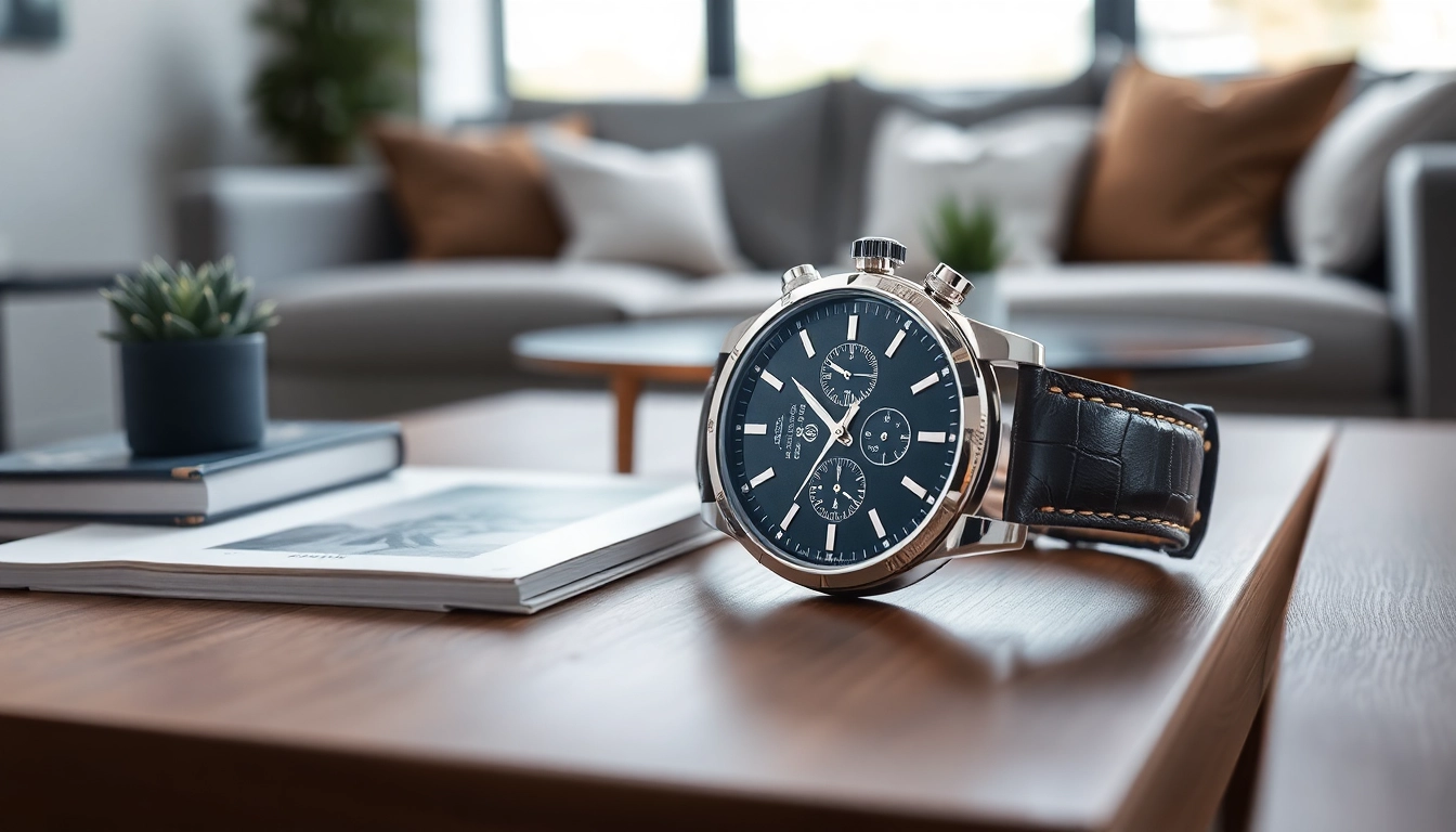 Admiring the intricate features of a luxury replica watch on a stylish table.