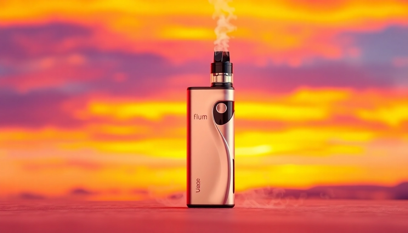 Flum float disposable vape highlighted against a colorful sunset, showcasing its sleek design.