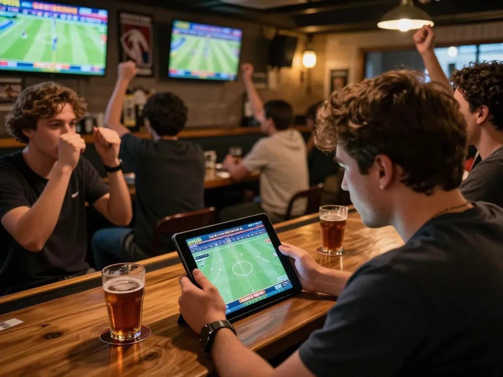 MAY88 sports betting experience with user reviewing live matches on a tablet at a vibrant sports bar.