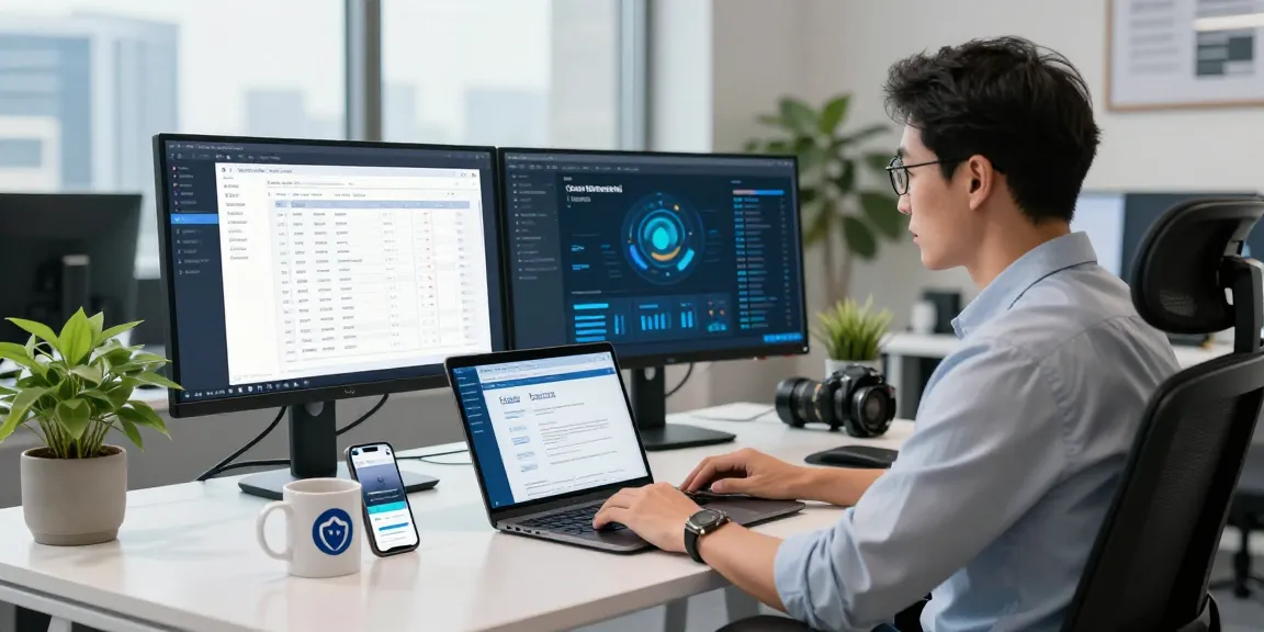 Cybersecurity consultant showcasing a cybersmart workspace with compliance tools and lively office atmosphere.
