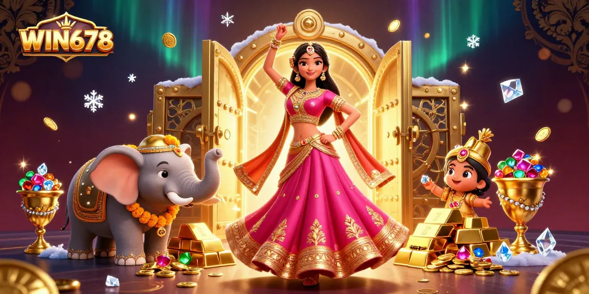 WIN678 showcases a vibrant illustration with a beautiful Asian woman in a lehenga, gambling treasures surrounding her.