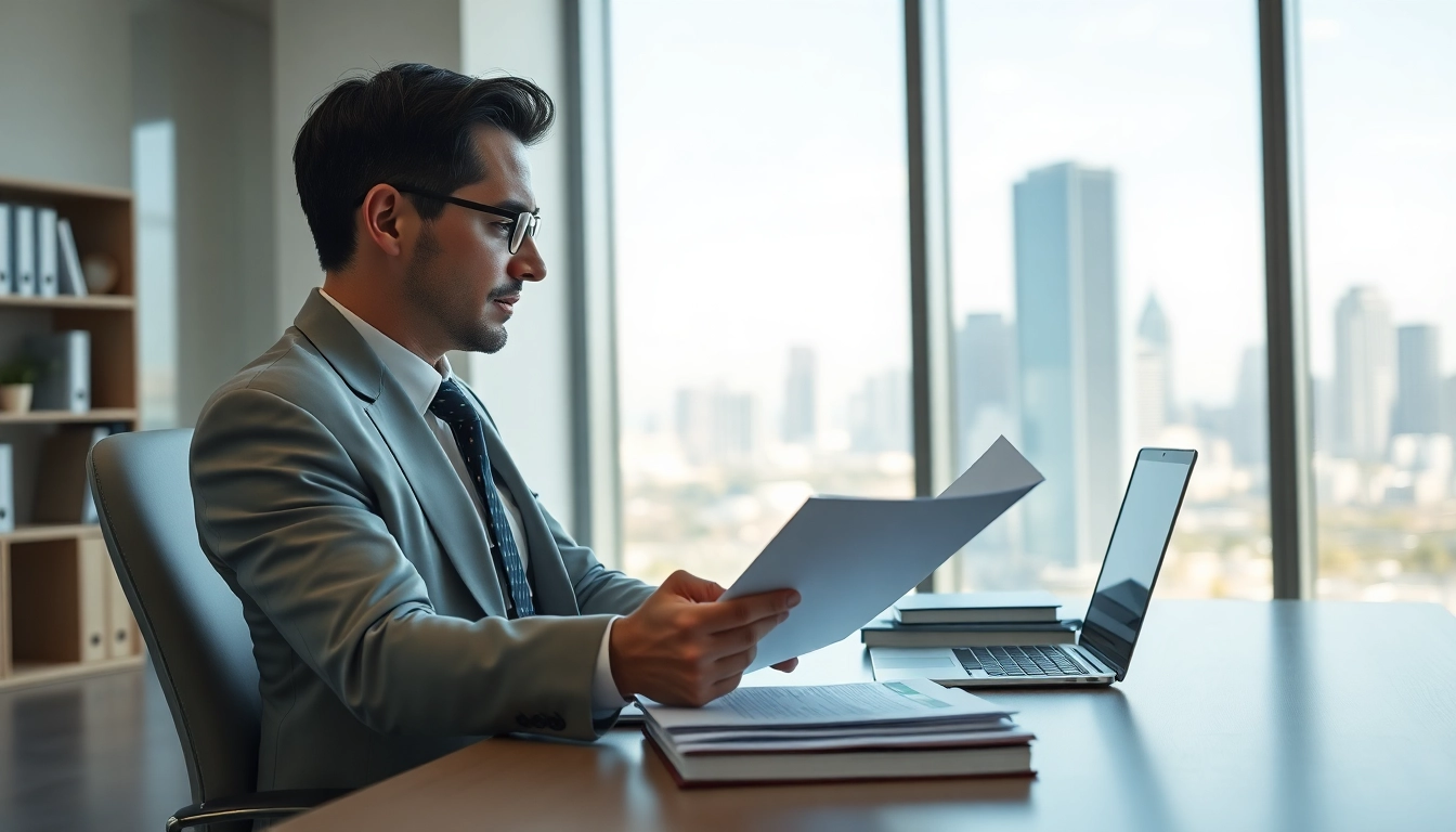 A real estate lawyer focused on reviewing contracts in a modern office setting.