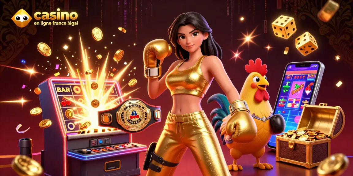 Vivez l'excitation des jeux de casino en ligne légaux en France alors qu'une femme et un coq célèbrent un jackpot.