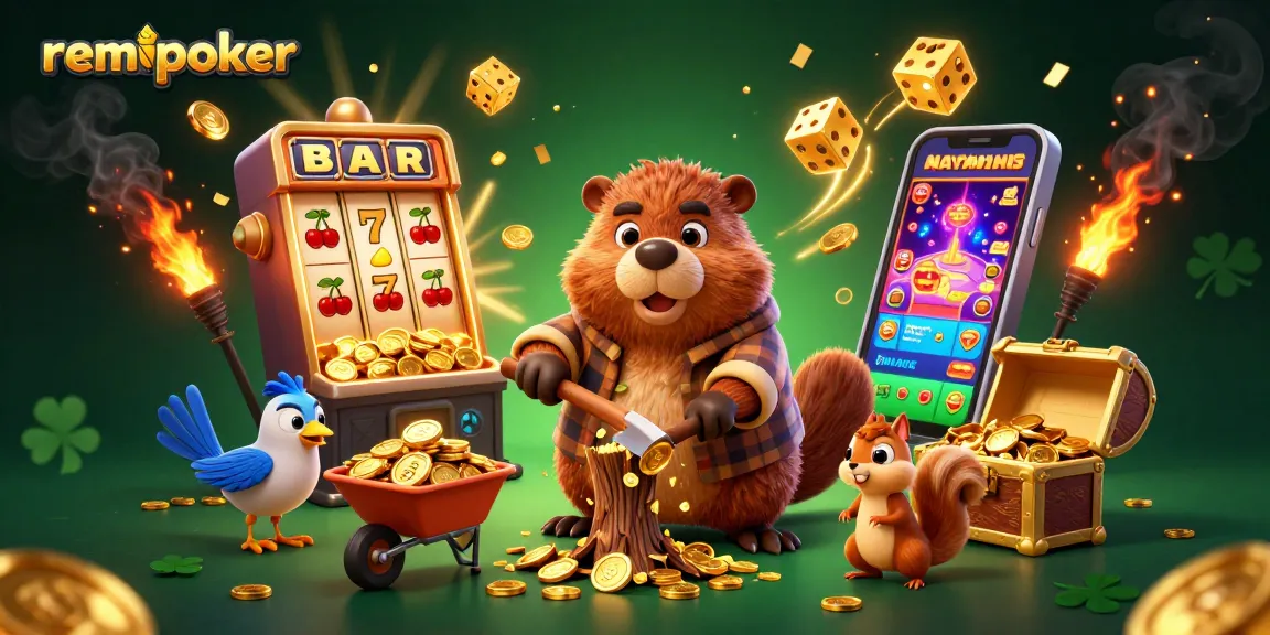 Experience thrilling gameplay at Remipoker with gold coins raining from the jackpot, exciting characters, and vibrant casino elements.