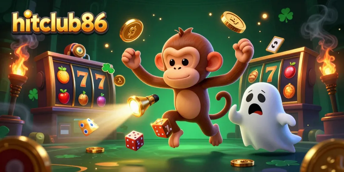 Experience the excitement of hitclub86 with a playful ghost monkey juggling golden casino treasures.
