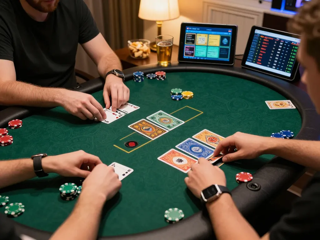Players engaged in an online poker game on a tablet while using vn23 for strategic betting.