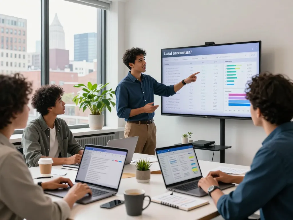 Local SEO NYC collaboration in a modern office setting with a diverse marketing team analyzing strategies for digital visibility.