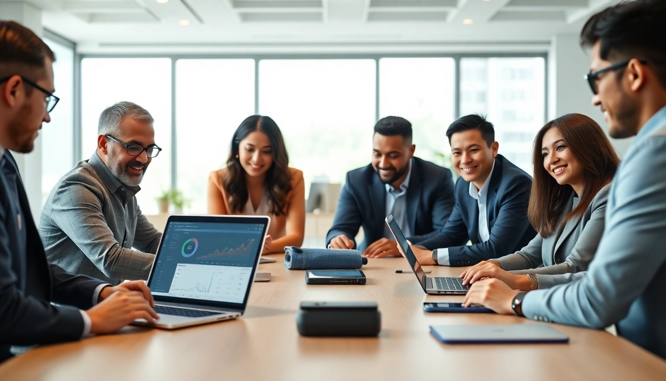 Team collaborating using enterprise assistant software in a modern office setting.