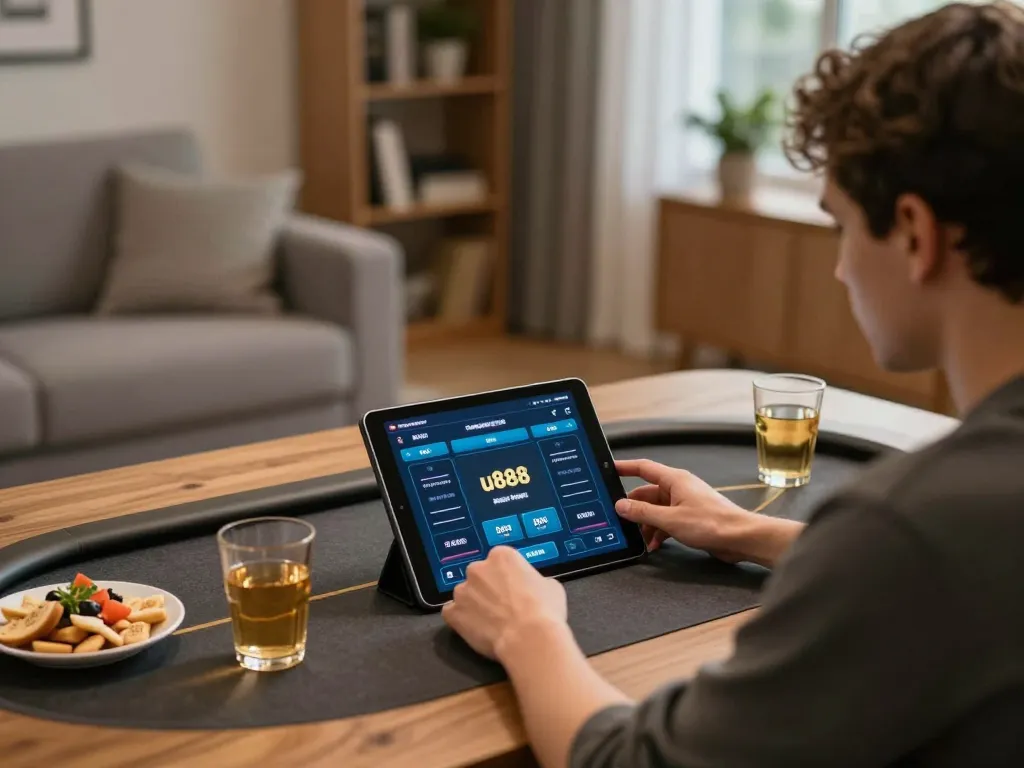 Engaging in exciting gameplay on u888poker with a tablet in a cozy home setting.