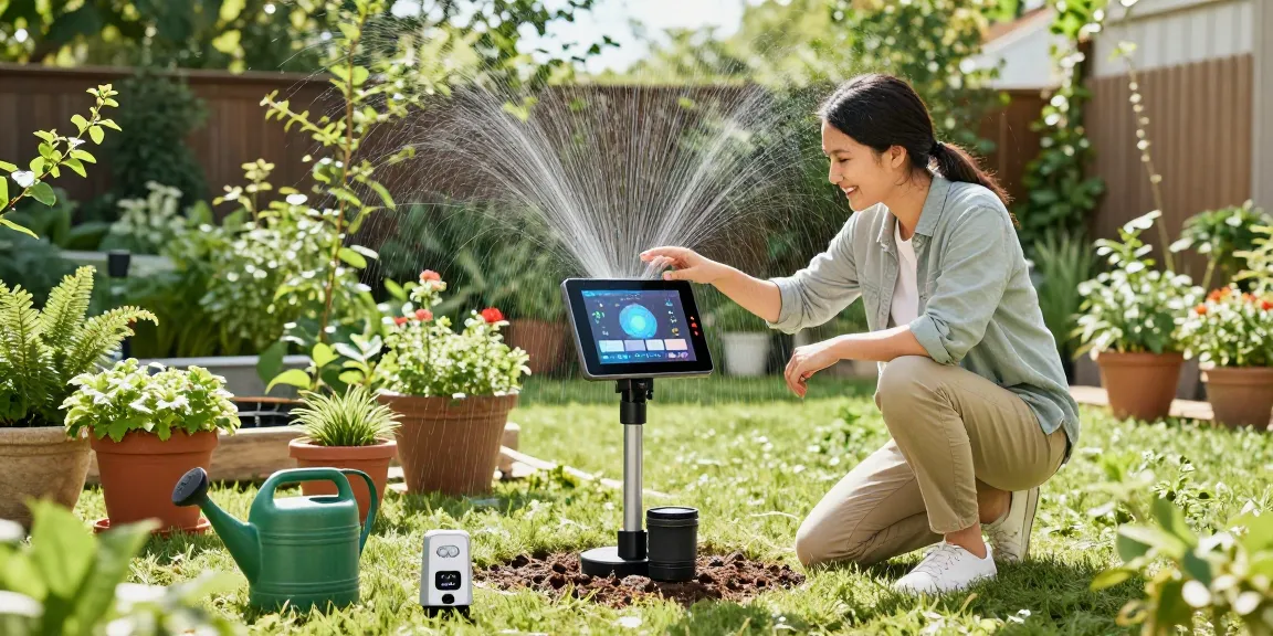 Homeowner setting up rainpoint automatic watering system in vibrant garden, surrounded by flourishing plants.
