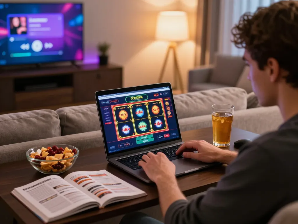 Engaged player exploring online casinos Canada on a laptop in a cozy living room setting