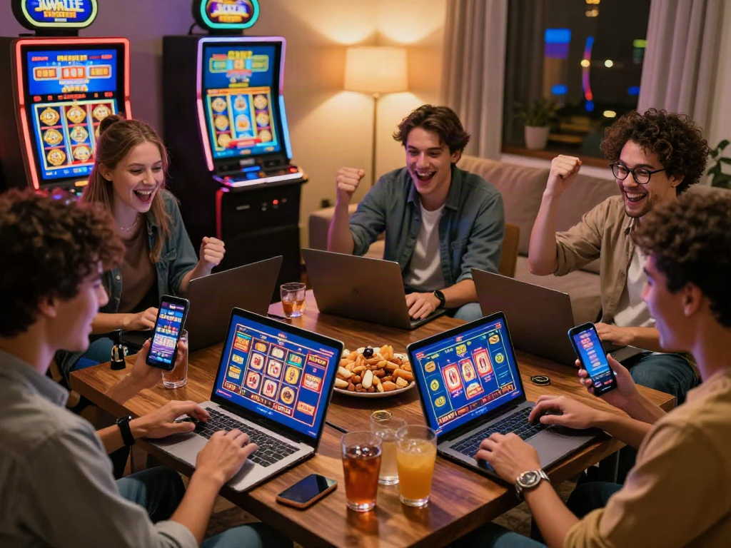 Friends enjoying link casino online games together in a cozy living room.