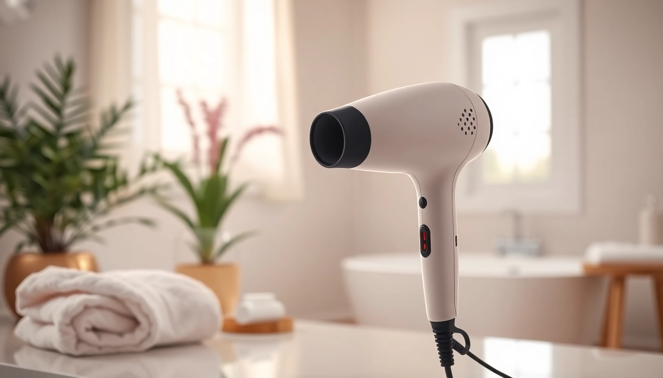 Effortlessly styling frizzy hair with a hair dryer for frizzy hair in an elegant bathroom setting.