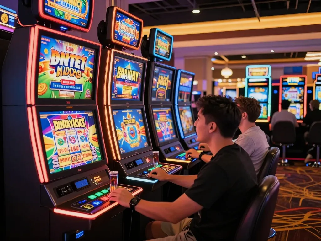 Players engaging with UGDEWA slot machines in a lively casino atmosphere