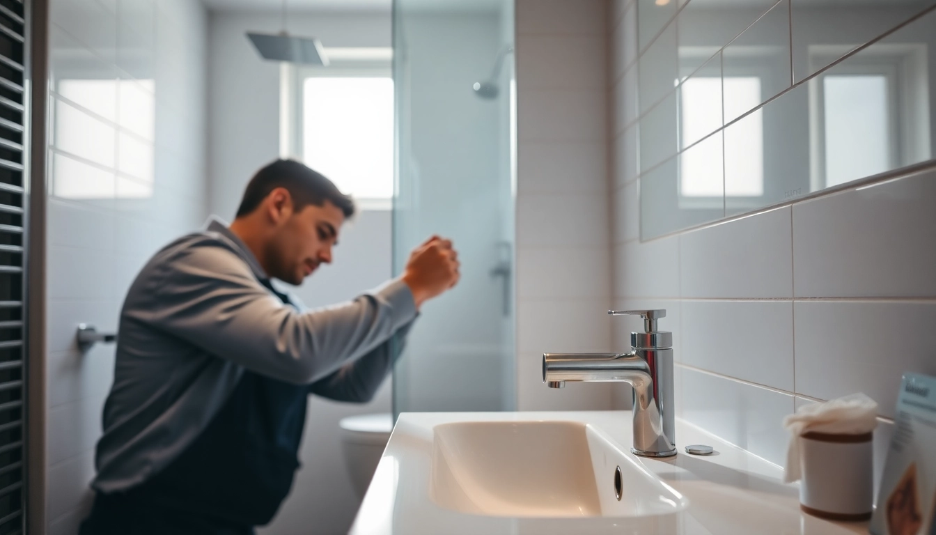 Die sonni sanitär GmbH zeigt einen professionellen Klempner, der an modernen Badezimmerinstallationen arbeitet.