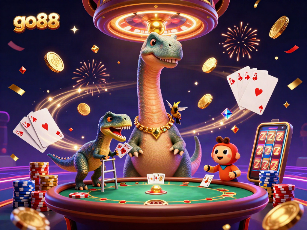 Engage in exciting gameplay with go88's vibrant casino illustration featuring dynamic characters and casino elements.