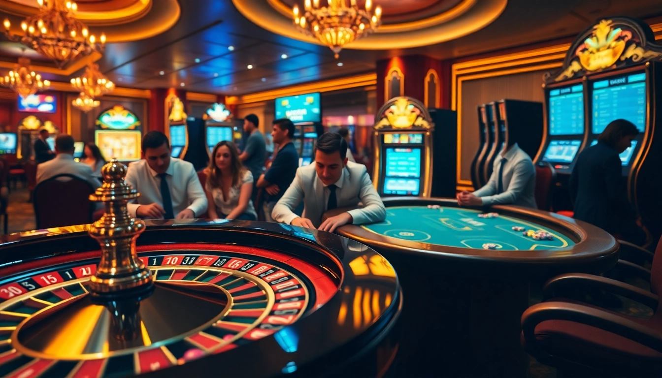Scène captivante du meilleur casino en ligne avec des joueurs profitant du poker et de la roulette.