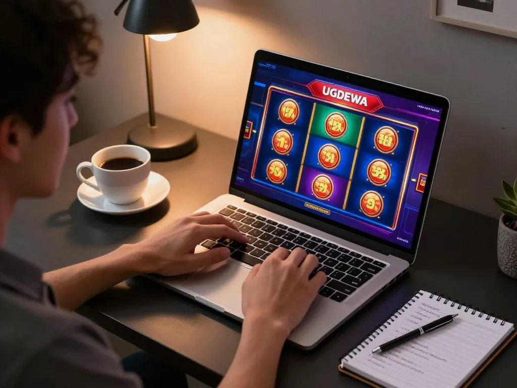 Playing slots on UGDEWA while enjoying online gaming strategies in a cozy workspace