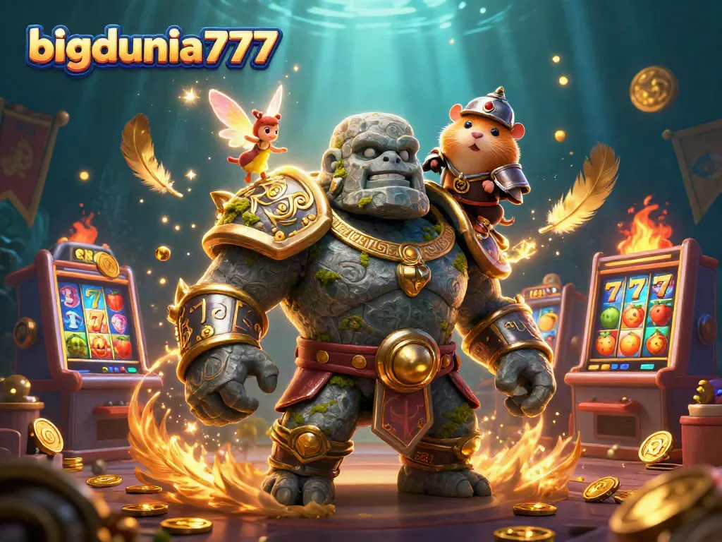 bigdunia777 brightens the casino scene with a golem guardian, enhanced by vibrant slots and magical effects.