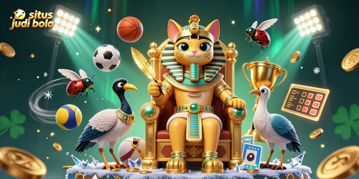 Place bets on situs judi bola with a dynamic scene showcasing pharaoh cat and sports elements.